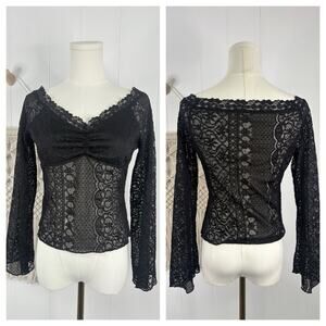 Good Luck Gem Black Sheer Lace Long Sleeve Blouse Womens Large Witchy Gothic